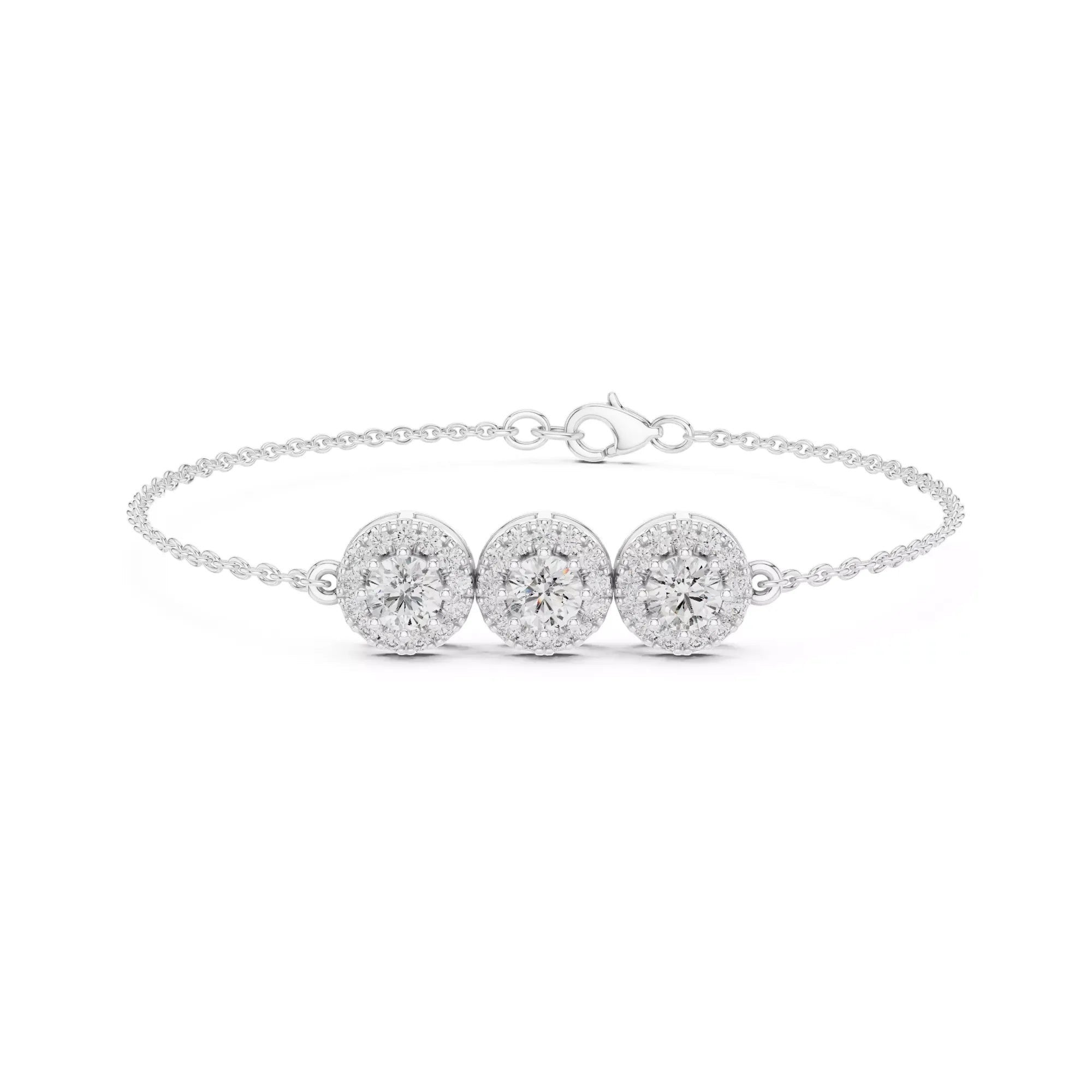 AtelierRings Vignette diamond chain bracelet featuring three round halo-set diamonds on a delicate silver chain.