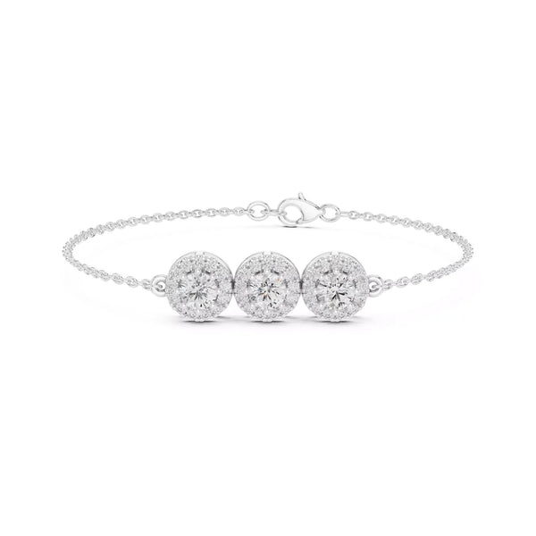 AtelierRings Vignette diamond chain bracelet featuring three round halo-set diamonds on a delicate silver chain.