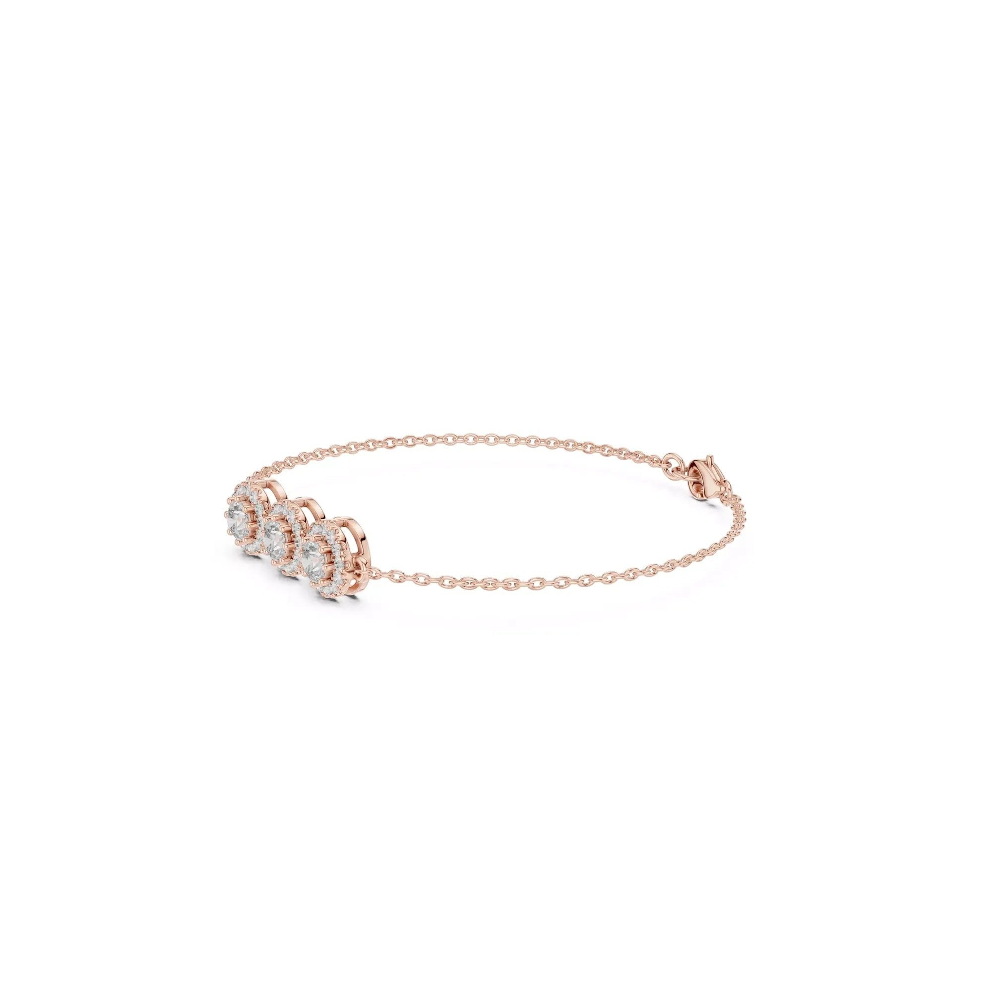 AtelierRings Vignette diamond chain bracelet in rose gold with three circular diamond-encrusted floral settings.