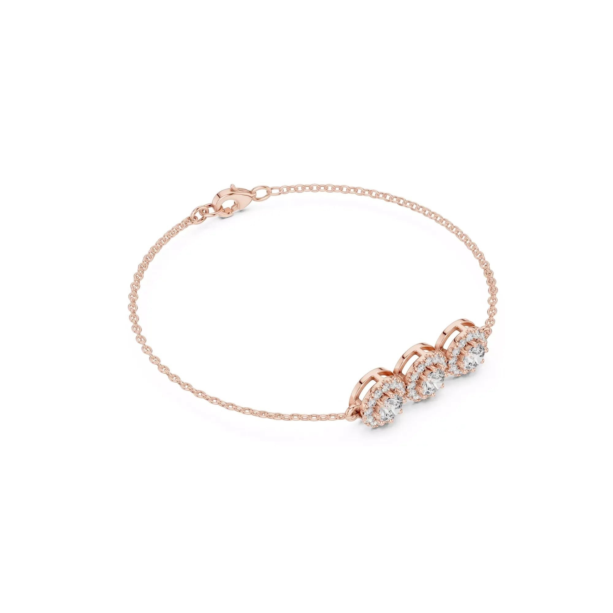 AtelierRings Vignette diamond chain bracelet in rose gold featuring three halo-set round brilliant diamonds.
