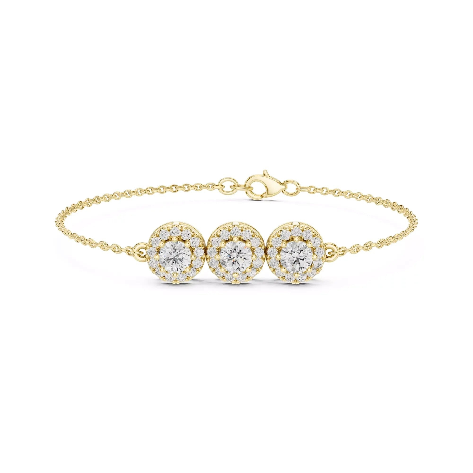 AtelierRings Vignette diamond chain bracelet featuring three round halo diamond settings in yellow gold.