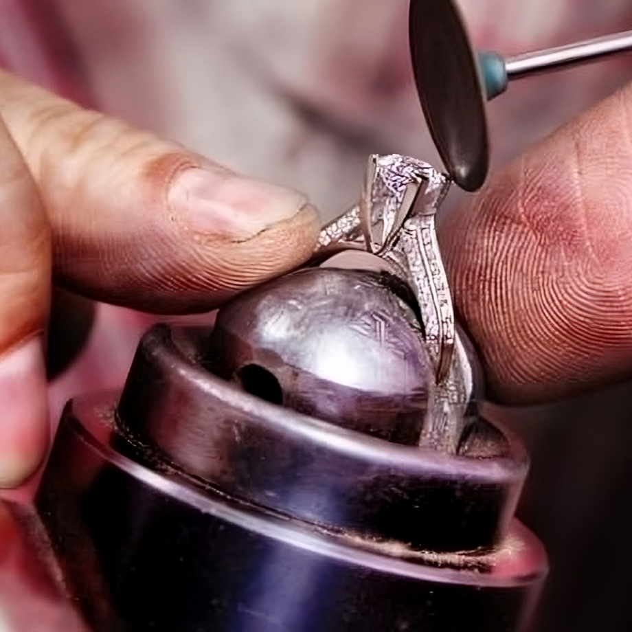 Close-up of a diamond being set into a ring by a jeweler.