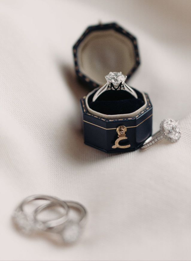 Diamond ring in a hexagonal blue box on a light background
