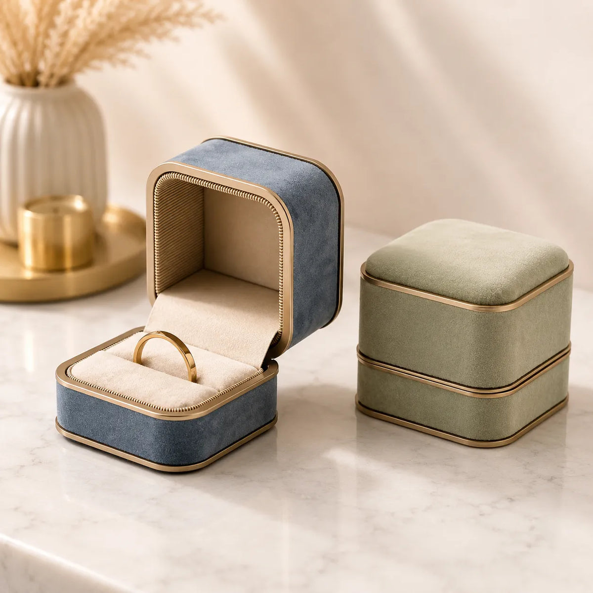 Two velvet ring boxes on a marble surface: one blue box open with a gold ring inside, and one pale green box closed. Decorative dried grass and a small gold candle are blurred in the background.